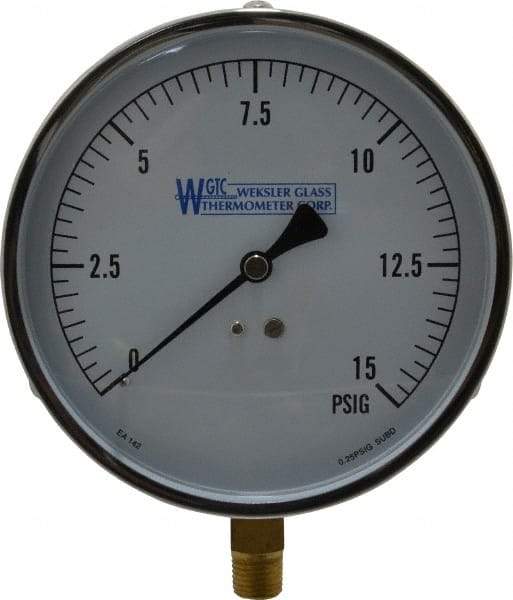 WGTC - 4-1/2" Dial, 1/4 Thread, 0-15 Scale Range, Pressure Gauge - Lower Connection Mount, Accurate to 1% of Scale - Benchmark Tooling