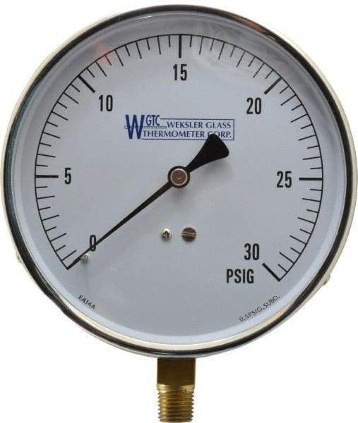 WGTC - 4-1/2" Dial, 1/4 Thread, 0-30 Scale Range, Pressure Gauge - Lower Connection Mount, Accurate to 1% of Scale - Benchmark Tooling