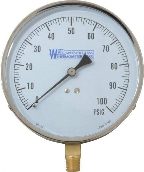 WGTC - 4-1/2" Dial, 1/4 Thread, 0-100 Scale Range, Pressure Gauge - Lower Connection Mount, Accurate to 1% of Scale - Benchmark Tooling