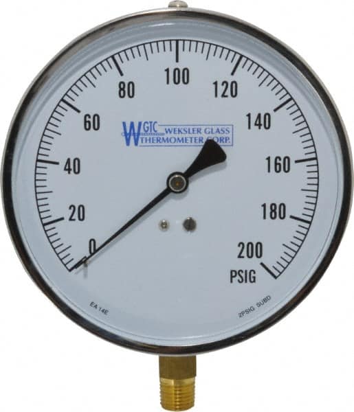 WGTC - 4-1/2" Dial, 1/4 Thread, 0-200 Scale Range, Pressure Gauge - Lower Connection Mount, Accurate to 1% of Scale - Benchmark Tooling