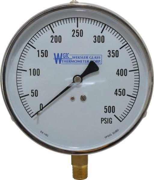 WGTC - 4-1/2" Dial, 1/4 Thread, 0-500 Scale Range, Pressure Gauge - Lower Connection Mount, Accurate to 1% of Scale - Benchmark Tooling