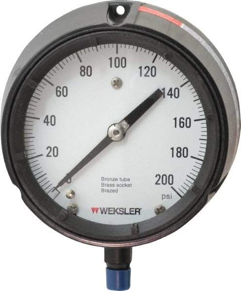 Made in USA - 4-1/2" Dial, 1/4 Thread, 0-200 Scale Range, Pressure Gauge - Lower Connection Mount, Accurate to 1% of Scale - Benchmark Tooling