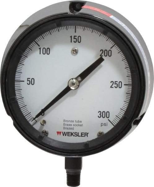 Made in USA - 4-1/2" Dial, 1/4 Thread, 0-300 Scale Range, Pressure Gauge - Lower Connection Mount, Accurate to 1% of Scale - Benchmark Tooling