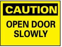 NMC - Caution - Open Door Slowly, Rigid Plastic Fire and Exit Sign - 14" Wide x 10" High - Benchmark Tooling