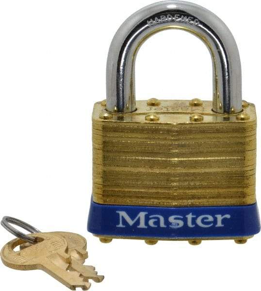 Master Lock - 1" Shackle Clearance, Keyed Alike Laminated Brass Padlock - 3/8" Shackle Diam, Brass - Benchmark Tooling