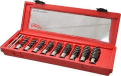 Milwaukee Tool - 9 Piece, 1/2 to 15/16" Cutter Diam, 2" Cutting Depth, Steel Annular Cutter Set - Bright Finish, 3/4" Shank Diam, 1/2", 9/16", 5/8", 11/16", 3/4", 13/16", 7/8", 15/16", 1-1/16" Cutter Diams, 2 Flats on Shank - Benchmark Tooling