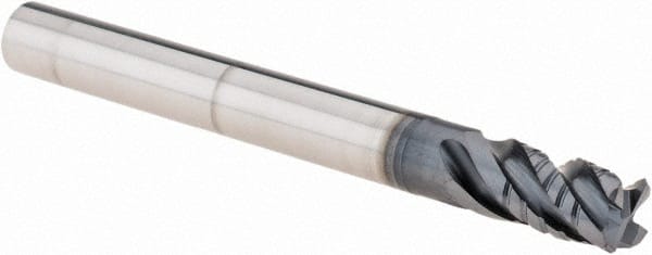 Corner Chamfer End Mill: 0.25″ Dia, 0.5″ LOC, 4 Flute, 0.01″ Chamfer Width, Solid Carbide 2-1/2″ OAL, 1/4″ Shank Dia, 38 ° Helix, TiAlN Coated