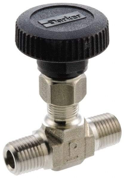 Parker - 5,000 Max psi, 3/8" Pipe, 316 Grade Stainless Steel, Inline Instrumentation Needle Valve - MNPT x MNPT End Connections - Benchmark Tooling