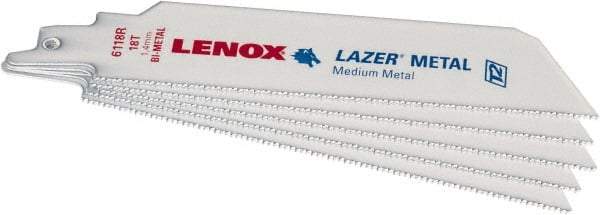 Lenox - 6" Long x 1" Thick, Bi-Metal Reciprocating Saw Blade - Straight Profile, 18 TPI, Toothed Edge - Benchmark Tooling