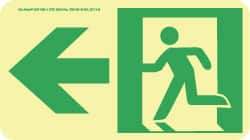NMC - Left Arrow, Left Side Stick Figure in Doorway (Graphic), Polyester Exit Sign - 8" Wide x 4-1/2" High, Glow-in-the-Dark - Benchmark Tooling
