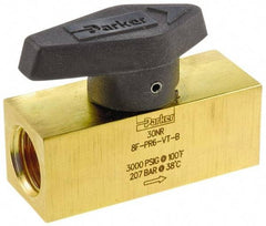 Parker - 1/2" Pipe, 3,000 psi WOG Rating, Brass, Inline, One Way Instrumentation Plug Valve - Wedge Handle, FNPT x FNPT End Connections, Viton Seal - Benchmark Tooling