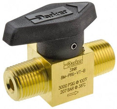 Parker - 1/2" Pipe, 3,000 psi WOG Rating, Brass, Inline, One Way Instrumentation Plug Valve - Wedge Handle, MNPT x MNPT End Connections, Viton Seal - Benchmark Tooling