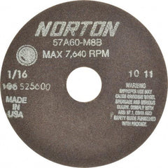 Norton - 6" 60 Grit Aluminum Oxide Cutoff Wheel - 1/16" Thick, 1-1/4" Arbor, 7,640 Max RPM, Use with Stationary Grinders - Benchmark Tooling