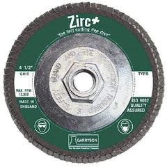 Garryson - 36 Grit, 7" Disc Diam, 5/8-11 Center Hole, Type 29 Zirconia Alumina Flap Disc - 8,600 Max RPM, Fiberglass Backing, Arbor Attaching System, Coated - Benchmark Tooling
