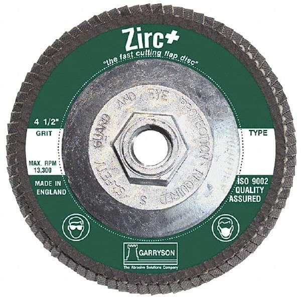Garryson - 40 Grit, 4-1/2" Disc Diam, 5/8-11 Center Hole, Type 29 Zirconia Alumina Flap Disc - 13,300 Max RPM, Fiberglass Backing, Arbor Attaching System, Coated - Benchmark Tooling