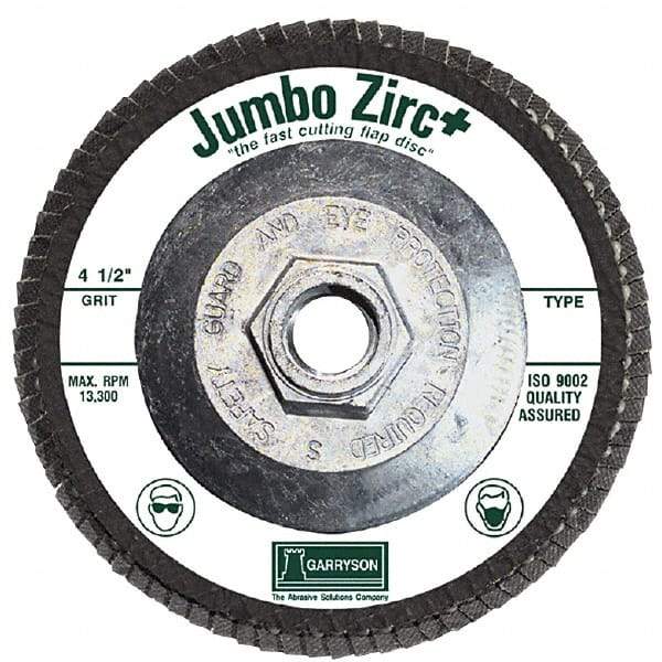 Garryson - 80 Grit, 4-1/2" Disc Diam, 5/8-11 Center Hole, Type 29 Zirconia Alumina Flap Disc - 13,300 Max RPM, Fiberglass Backing, Arbor Attaching System, Coated - Benchmark Tooling