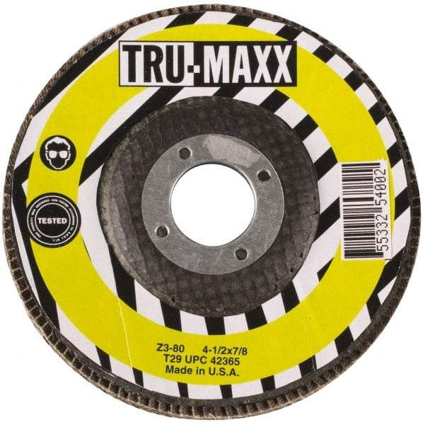 Tru-Maxx - 60 Grit, 4-1/2" Disc Diam, 7/8" Center Hole, Type 29 Flap Disc - 13,300 Max RPM, Arbor Attaching System, Coated - Benchmark Tooling