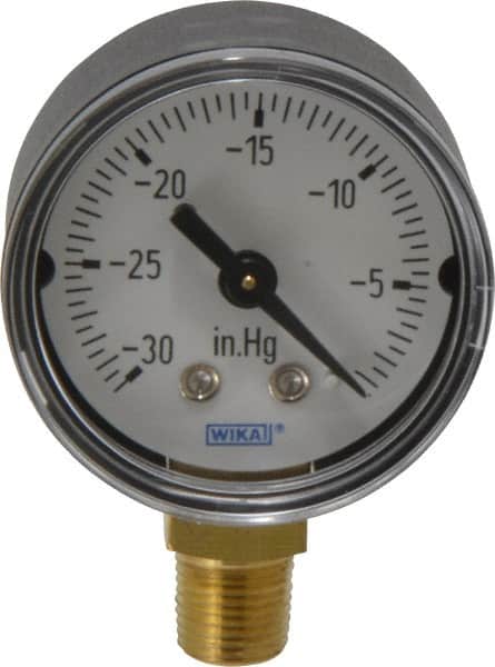 Wika - 1-1/2" Dial, 1/8 Thread, 30-0 Scale Range, Pressure Gauge - Lower Connection Mount, Accurate to 3-2-3% of Scale - Benchmark Tooling