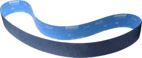 Norton - 2-1/2" Wide x 60" OAL, 80 Grit, Zirconia Alumina Abrasive Belt - Zirconia Alumina, Medium, Coated, X Weighted Cloth Backing, Series R823 - Benchmark Tooling