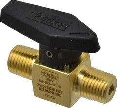 Parker - 1/4" Pipe, 3,000 psi WOG Rating, Brass, Inline, One Way Instrumentation Plug Valve - Wedge Handle, MNPT x MNPT End Connections, Viton Seal - Benchmark Tooling
