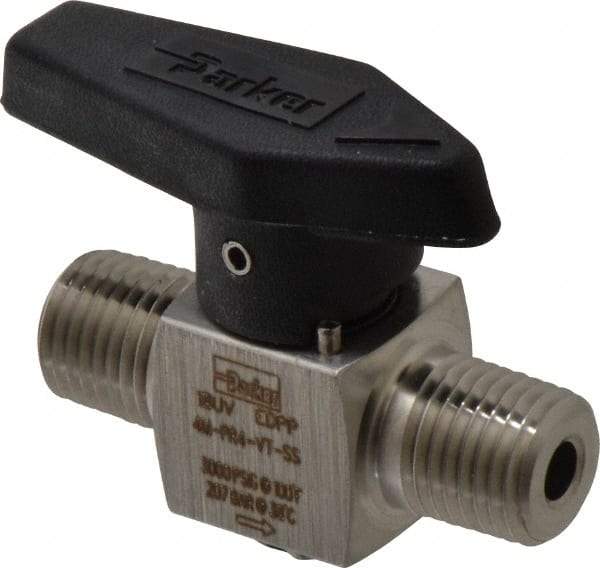 Parker - 1/4" Pipe, 3,000 psi WOG Rating, 316 Stainless Steel, Inline, One Way Instrumentation Plug Valve - Wedge Handle, MNPT x MNPT End Connections, Viton Seal - Benchmark Tooling