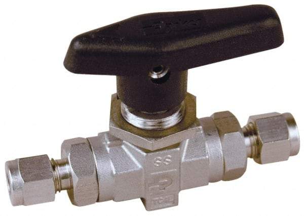 Parker - 1/8" Pipe, Stainless Steel, Inline, Two Way Flow, Instrumentation Ball Valve - 6,000 psi WOG Rating, Wedge Handle, PTFE Seal, PTFE Seat - Benchmark Tooling