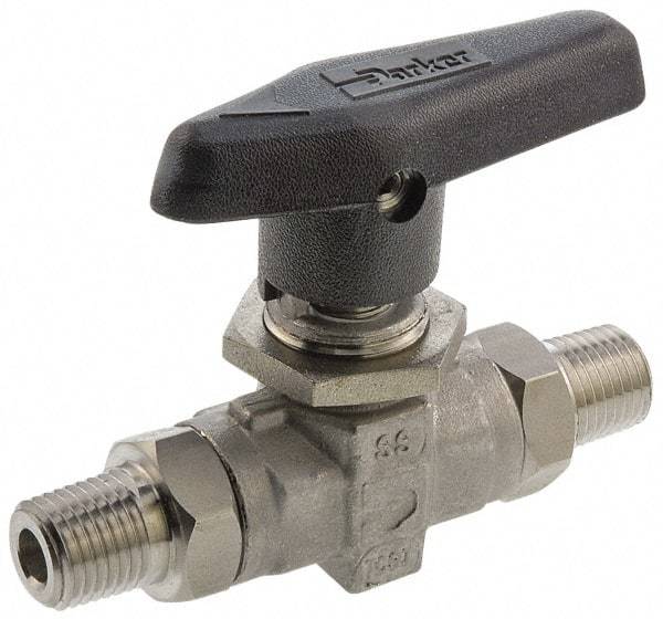 Parker - 3/8" Pipe, MNPT x MNPT End Connections, Stainless Steel, Inline, Two Way Flow, Instrumentation Ball Valve - 6,000 psi WOG Rating, Wedge Handle, PTFE Seal, PTFE Seat - Benchmark Tooling