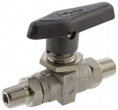 Parker - 1/8" Pipe, MNPT x MNPT End Connections, Stainless Steel, Inline, Two Way Flow, Instrumentation Ball Valve - 6,000 psi WOG Rating, Wedge Handle, PTFE Seal, PTFE Seat - Benchmark Tooling