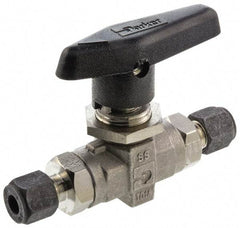 Parker - 1/8" Pipe, Compression x Compression CPI End Connections, Stainless Steel, Inline, Two Way Flow, Instrumentation Ball Valve - 6,000 psi WOG Rating, Wedge Handle, PTFE Seal, PTFE Seat - Benchmark Tooling
