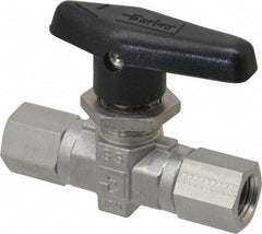 Parker - 1/4" Pipe, FNPT x FNPT End Connections, Stainless Steel, Inline, Two Way Flow, Instrumentation Ball Valve - 6,000 psi WOG Rating, Wedge Handle, PTFE Seal, PTFE Seat - Benchmark Tooling
