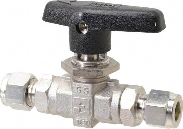 Parker - 3/8" Pipe, Stainless Steel, Inline, Two Way Flow, Instrumentation Ball Valve - 6,000 psi WOG Rating, Wedge Handle, PTFE Seal, PTFE Seat - Benchmark Tooling
