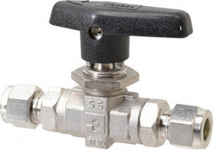 Parker - 3/8" Pipe, Stainless Steel, Inline, Two Way Flow, Instrumentation Ball Valve - 6,000 psi WOG Rating, Wedge Handle, PTFE Seal, PTFE Seat - Benchmark Tooling