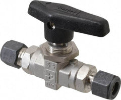 Parker - 3/8" Pipe, Compression x Compression CPI End Connections, Stainless Steel, Inline, Two Way Flow, Instrumentation Ball Valve - 6,000 psi WOG Rating, Wedge Handle, PTFE Seal, PTFE Seat - Benchmark Tooling