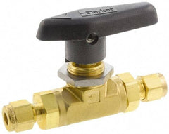 Parker - 1/8" Pipe, Compression x Compression CPI End Connections, Brass, Inline, Two Way Flow, Instrumentation Ball Valve - 3,000 psi WOG Rating, Wedge Handle, PTFE Seal, PTFE Seat - Benchmark Tooling