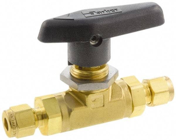 Parker - 3/8" Pipe, Brass, Inline, Two Way Flow, Instrumentation Ball Valve - 3,000 psi WOG Rating, Wedge Handle, PTFE Seal, PTFE Seat - Benchmark Tooling