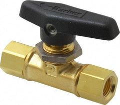 Parker - 1/8" Pipe, FNPT x FNPT End Connections, Brass, Inline, Two Way Flow, Instrumentation Ball Valve - 3,000 psi WOG Rating, Wedge Handle, PTFE Seal, PTFE Seat - Benchmark Tooling