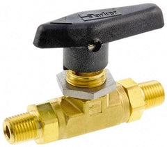 Parker - 1/8" Pipe, MNPT x MNPT End Connections, Brass, Inline, Two Way Flow, Instrumentation Ball Valve - 3,000 psi WOG Rating, Wedge Handle, PTFE Seal, PTFE Seat - Benchmark Tooling