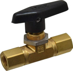 Parker - 1/4" Pipe, FNPT x FNPT End Connections, Brass, Inline, Two Way Flow, Instrumentation Ball Valve - 3,000 psi WOG Rating, Wedge Handle, PTFE Seal, PTFE Seat - Benchmark Tooling