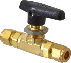 Parker - 3/8" Pipe, Compression x Compression CPI End Connections, Brass, Inline, Two Way Flow, Instrumentation Ball Valve - 3,000 psi WOG Rating, Wedge Handle, PTFE Seal, PTFE Seat - Benchmark Tooling