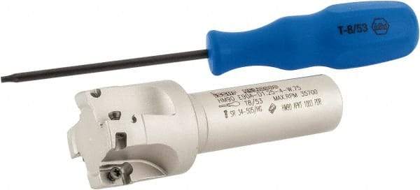Iscar - 1-1/4" Cut Diam, 0.394" Max Depth of Cut, 3/4" Shank Diam, 3-1/2" OAL, Indexable Square Shoulder End Mill - AP..1003.., HM90 AP..1003.. Inserts, Weldon Shank, 90° Lead Angle, Series Heli2000 - Benchmark Tooling