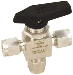 Parker - 1/8" Pipe, Stainless Steel, Three Way, Instrumentation Ball Valve - 2,500 psi WOG Rating, Wedge Handle, PFA Seat - Benchmark Tooling