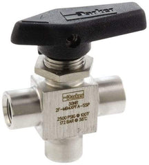 Parker - 1/8" Pipe, FNPT x FNPT x FNPT End Connections, Stainless Steel, Three Way, Instrumentation Ball Valve - 2,500 psi WOG Rating, Wedge Handle, PFA Seat - Benchmark Tooling