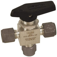 Parker - 3/8" Pipe, Compression x Compression x Compression CPI End Connections, Stainless Steel, Three Way, Instrumentation Ball Valve - 3,000 psi WOG Rating, Wedge Handle, PFA Seat - Benchmark Tooling