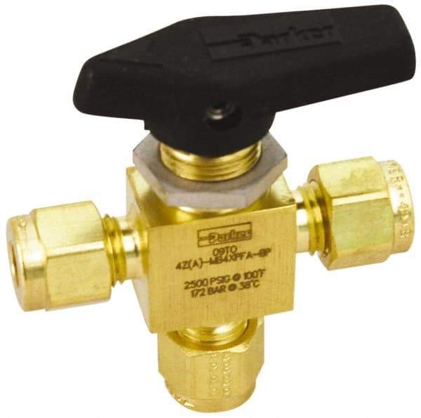 Parker - 3/8" Pipe, Brass, Three Way, Instrumentation Ball Valve - 3,000 psi WOG Rating, Wedge Handle, PFA Seat - Benchmark Tooling