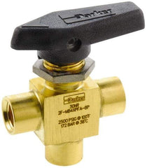 Parker - 1/8" Pipe, FNPT x FNPT x FNPT End Connections, Brass, Three Way, Instrumentation Ball Valve - 2,500 psi WOG Rating, Wedge Handle, PFA Seat - Benchmark Tooling
