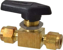 Parker - 1/4" Pipe, Brass, Inline, Two Way Flow, Instrumentation Ball Valve - 2,500 psi WOG Rating, Wedge Handle, PFA Seat - Benchmark Tooling