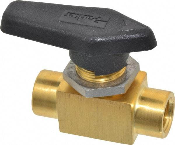 Parker - 1/4" Pipe, FNPT x FNPT End Connections, Brass, Inline, Two Way Flow, Instrumentation Ball Valve - 3,000 psi WOG Rating, Wedge Handle, PFA Seat - Benchmark Tooling