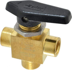 Parker - 1/4" Pipe, FNPT x FNPT x FNPT End Connections, Brass, Three Way, Instrumentation Ball Valve - 3,000 psi WOG Rating, Wedge Handle, PFA Seat - Benchmark Tooling