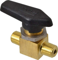 Parker - 1/4" Pipe, MNPT x MNPT End Connections, Brass, Inline, Two Way Flow, Instrumentation Ball Valve - 3,000 psi WOG Rating, Wedge Handle, PFA Seat - Benchmark Tooling