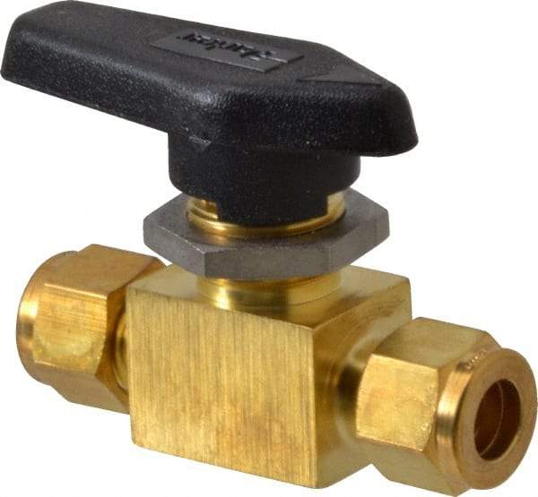 Parker - 3/8" Pipe, Brass, Inline, Two Way Flow, Instrumentation Ball Valve - 3,000 psi WOG Rating, Wedge Handle, PFA Seat - Benchmark Tooling